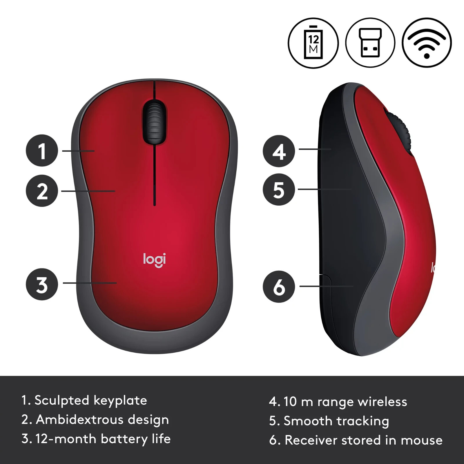 Logitech M185 Wireless Mouse – Red