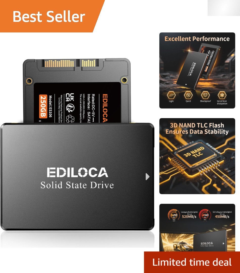 250GB SATA III SSD – High-Speed 520MB/s Read, Shock-Proof & Durable Design