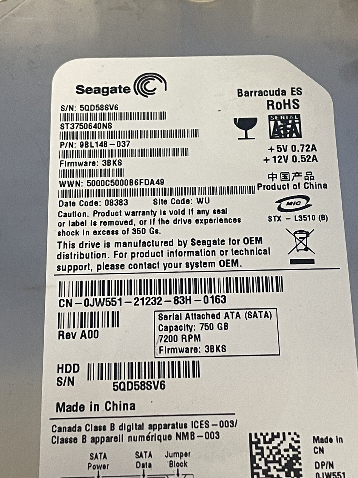 “LOT OF 3″ Seagate ST3750640NS Barracuda ES 750GB 3.5” SATA II Hard Drive