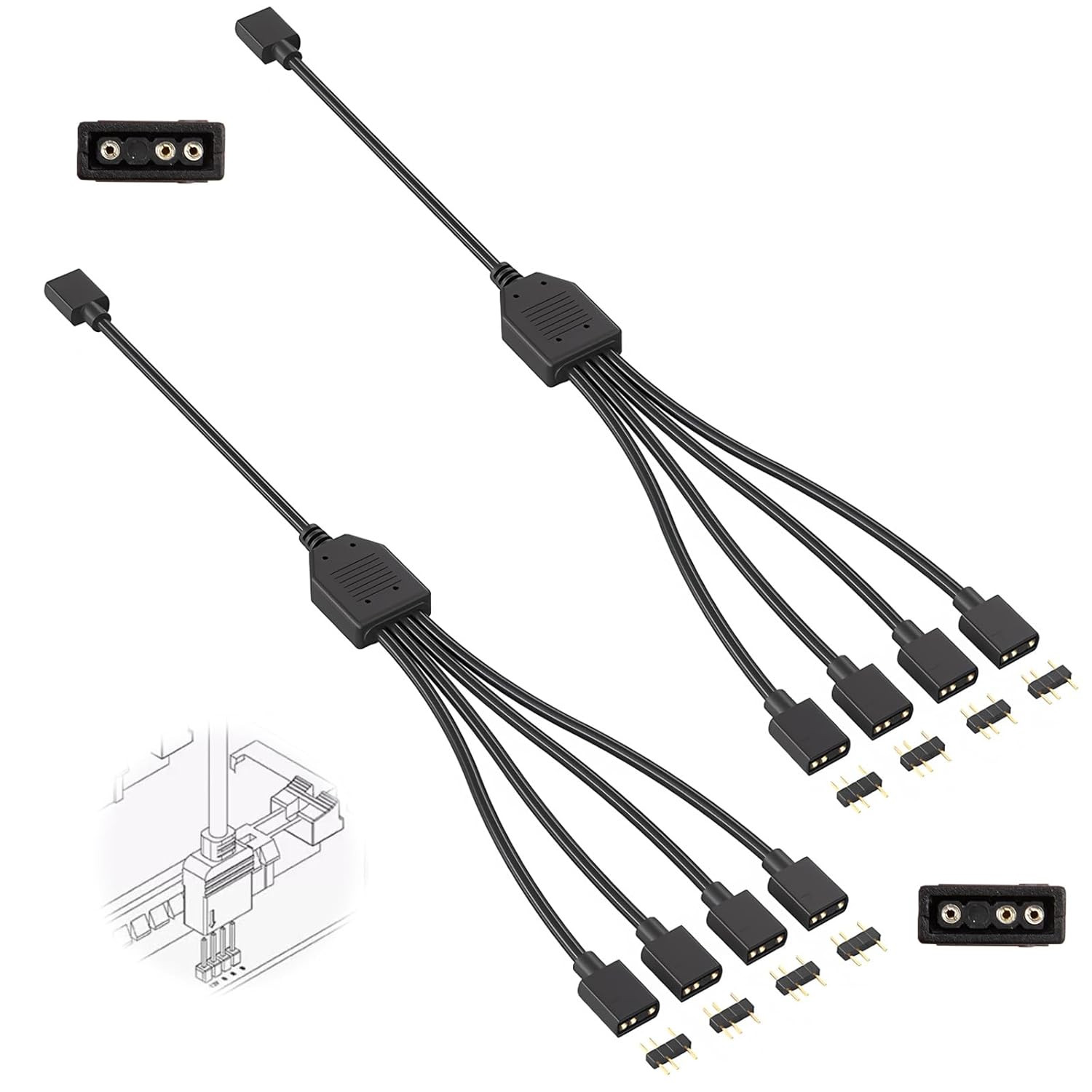 2 Pack 3Pin 5V ARGB Extension Cable Set with 8 Male Pins, 1-To-4 Addressable RGB