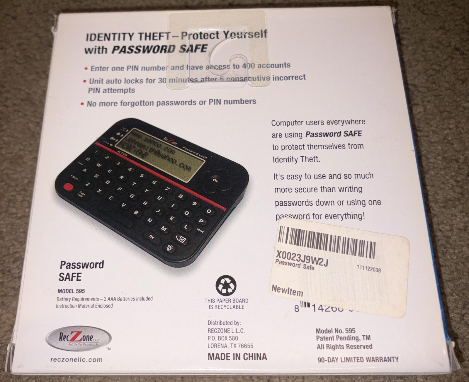 Likely Unused – RecZone Password Safe Safely Store Passwords #595 – Free Shippin