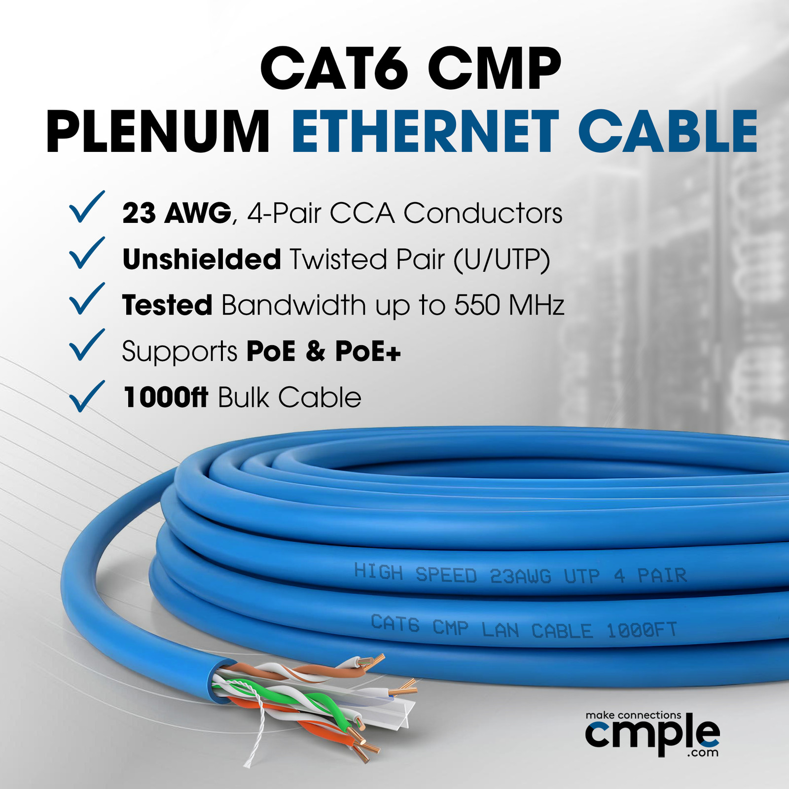 Plenum Cat6 Ethernet Cable 1000ft Bulk CMP Solid 24AWG Cord Cat 6 RJ45 LAN Cable