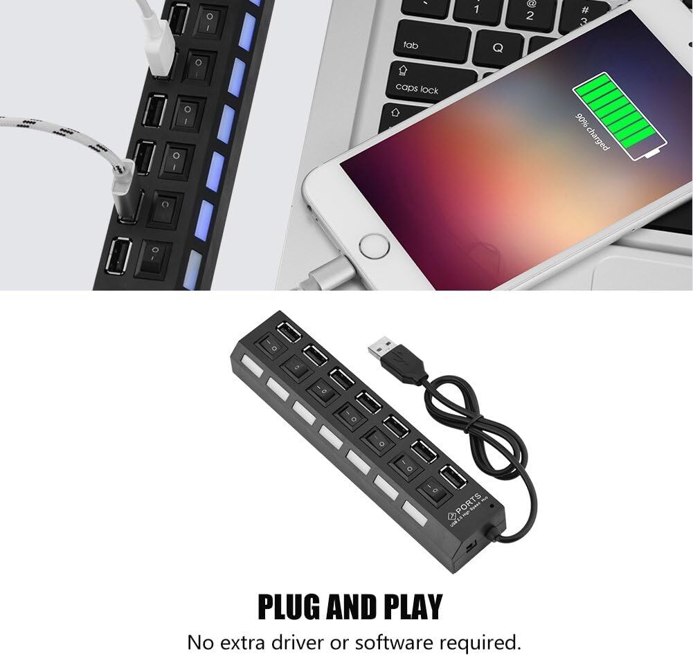 USB Hub 7 Port On/Off Switch High Speed Splitter AC Adapter Cable PC Laptop Lot