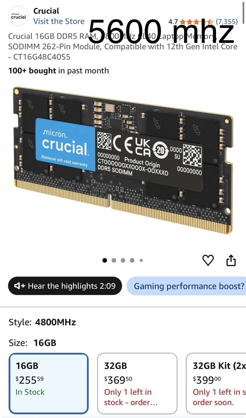 R15 Crucial RAM 16GB DDR5 5600MHz (5200MHz or 4800MHz) Memory CT16G56C46S5 READ