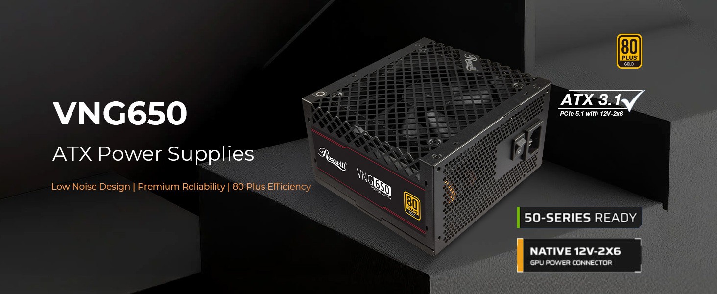 Rosewill VNG 650W 80+ Gold Certified, ATX 3.0 & 3.1 Compatible, Non-Modular