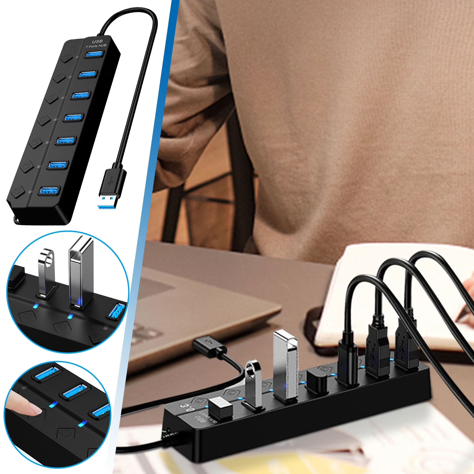7 Port USB 3.0 Hub Splitter Adapter On/Off Switch High Speed For PC Laptop Mac