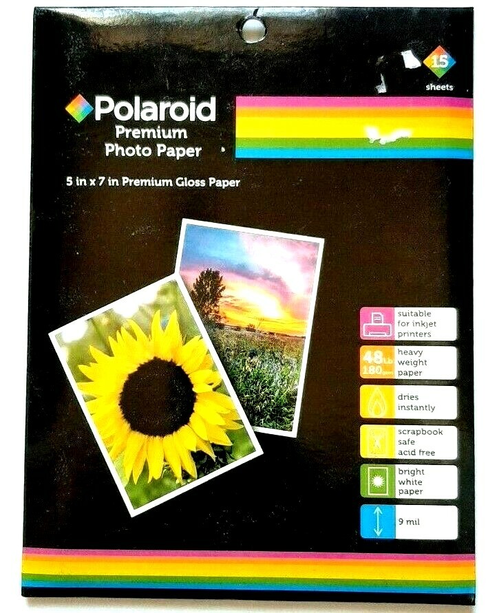 5×7 Polaroid Photo Paper Premium Gloss Sealed 15 Sheets Inkjet 48 lb.