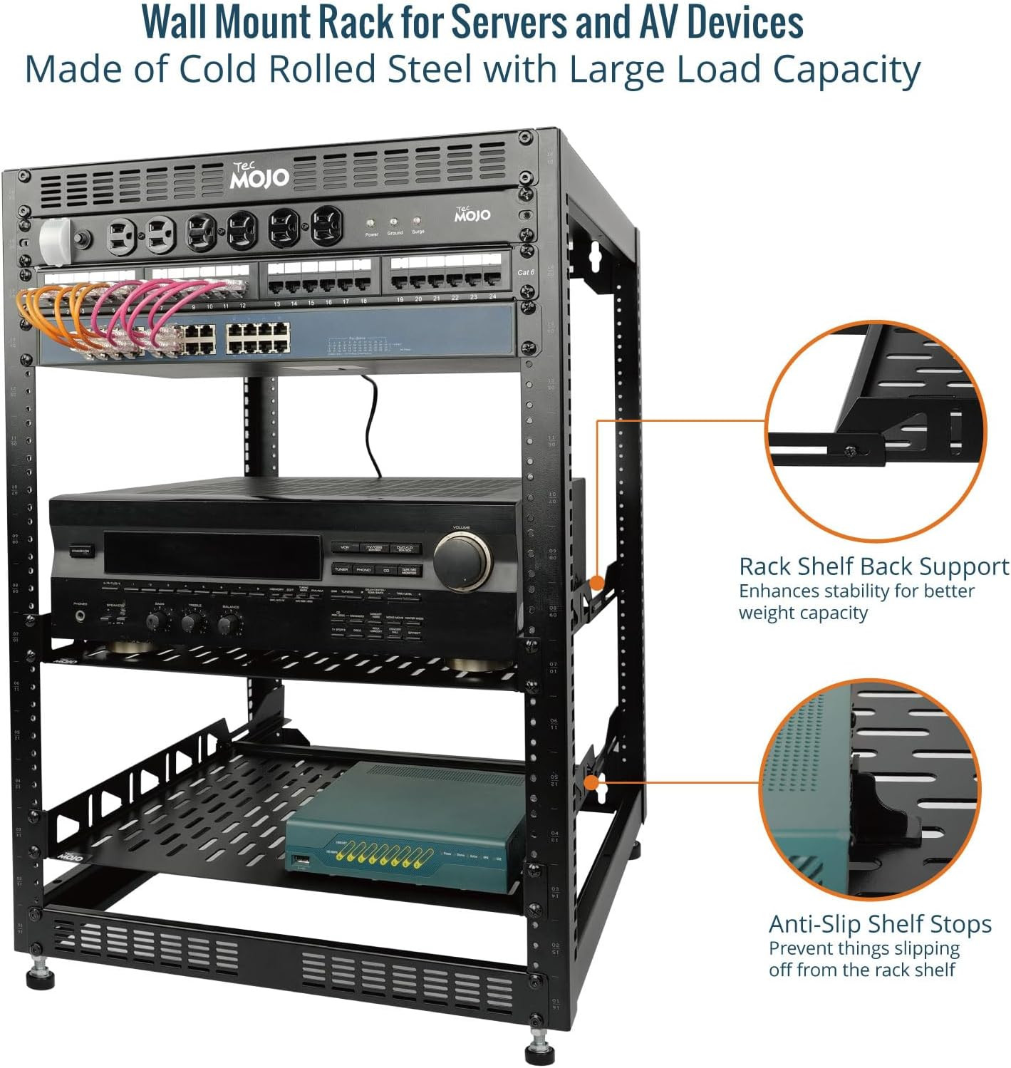 16U Open Frame Network Rack for IT & AV Gear, AV Rack Floor Standing or Wall Mou
