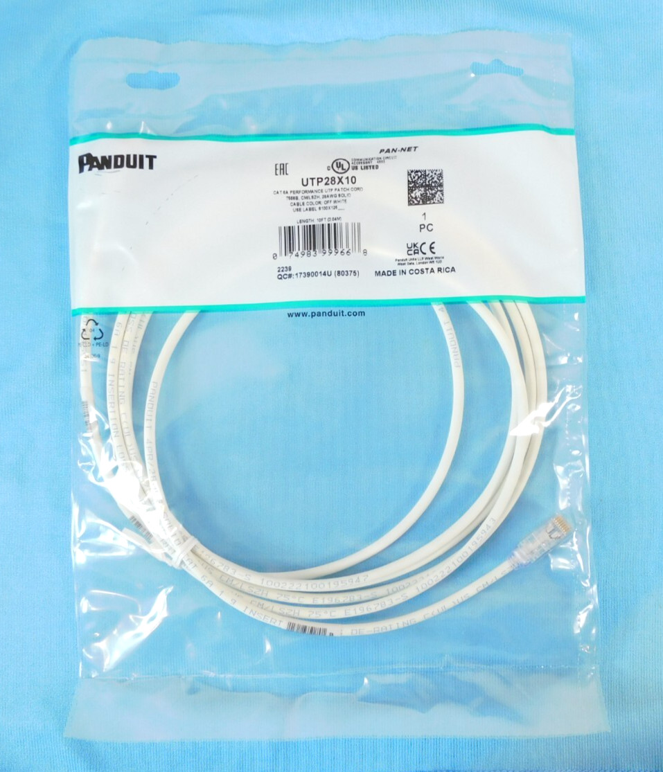 Panduit Cat6a UTP28X10 28 AWG UTP Copper Patch Cord, 10 Feet – White – NEW