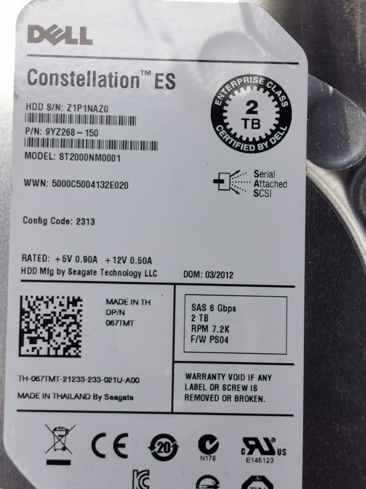 Dell PowerEdge 67TMT 2TB 7.2K 6G SAS 3.5″ Hard Drive 067TMT ST2000NM0001 Lot 10x