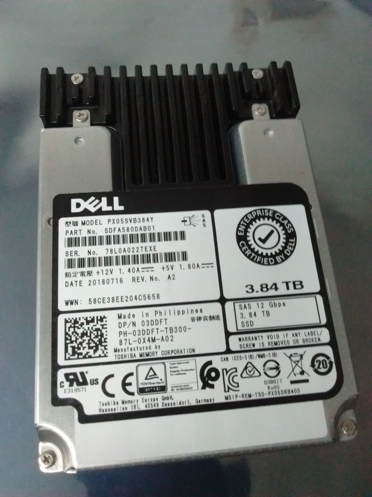 Dell 3.84 TB SSD SAS 12Gbps MU 03DDFT PX05SVB384T 100% Life Remaining