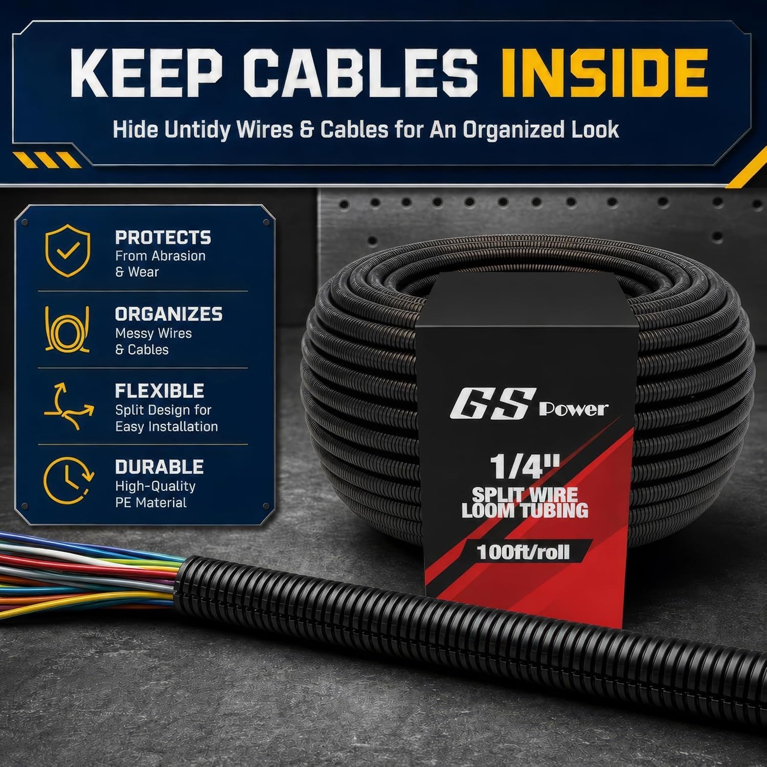 Power Wire Loom – 1/4 Inch X 100 Ft Split Cable Sleeves for Industrial Electr