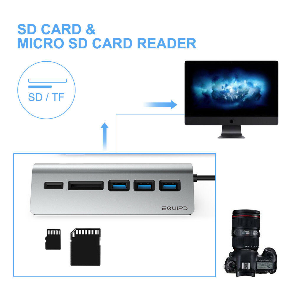 Aluminum USB Type-C Hub Adapter w/3 USB 3.0, SD/TF Card Reader for iMac Macbook