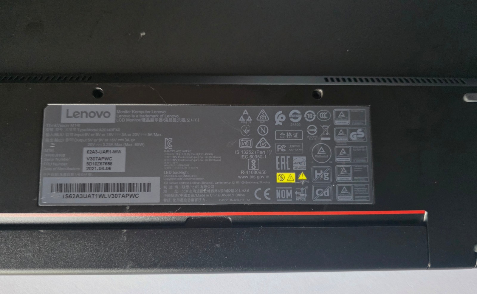 Original Black Lenovo ThinkVision M14t USB-C LED DISPLAY MONITOR ONLY -A20140FX0