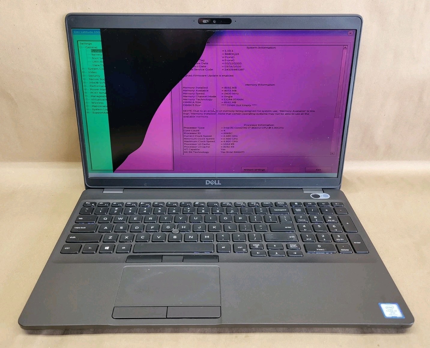 Dell Latitude 5500, Intel Core i7-8665U @ 1.9GHz, 8GB RAM, NO SSD, NO OS *READ*