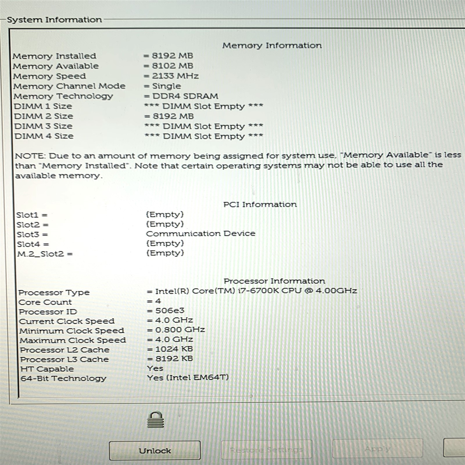 Dell Precision 3620 Tower PC Intel i7-6700k 4.00GHz 8GB DDR4 No HDD, BIOs Locked