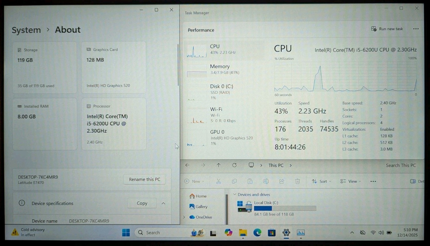 Dell Latitude E7470 14″ Laptop i5-6200U 2.30GHz 8GB RAM 128GB SSD Win 11 Pro
