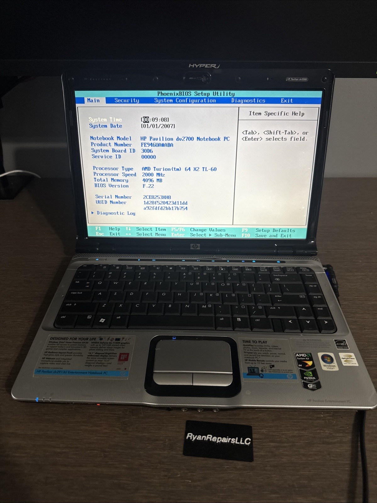 HP Pavilion dv2000 14.1″ Laptop AMD Turion NVIDIA for parts NO HDD READ!