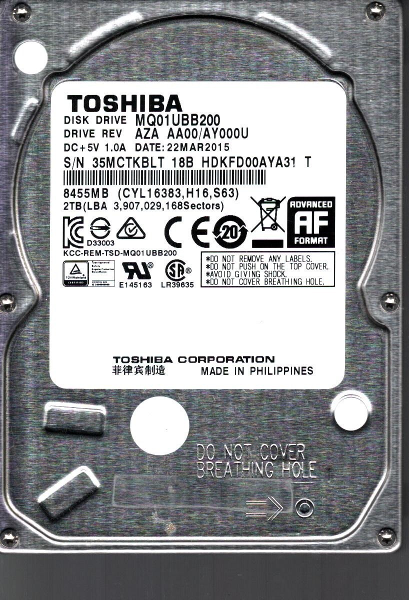 MQ01UBB200 HDKFD00AYA31 T REV: AZA AA00/AY000U 2TB MAR 2015 PHILIPPINES TOSHIBA