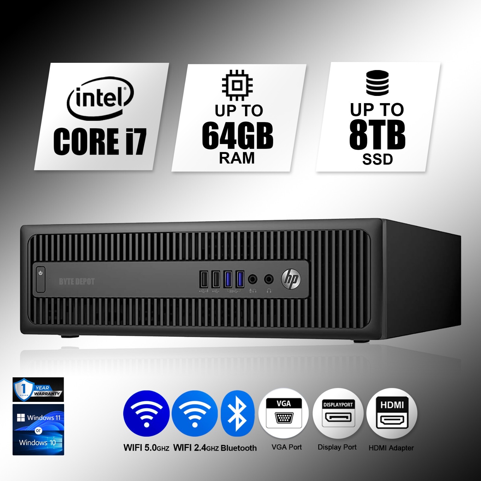 HP Desktop Computer PC i7, up to 64GB RAM, 8TB SSD, Windows 11 or 10, WiFi