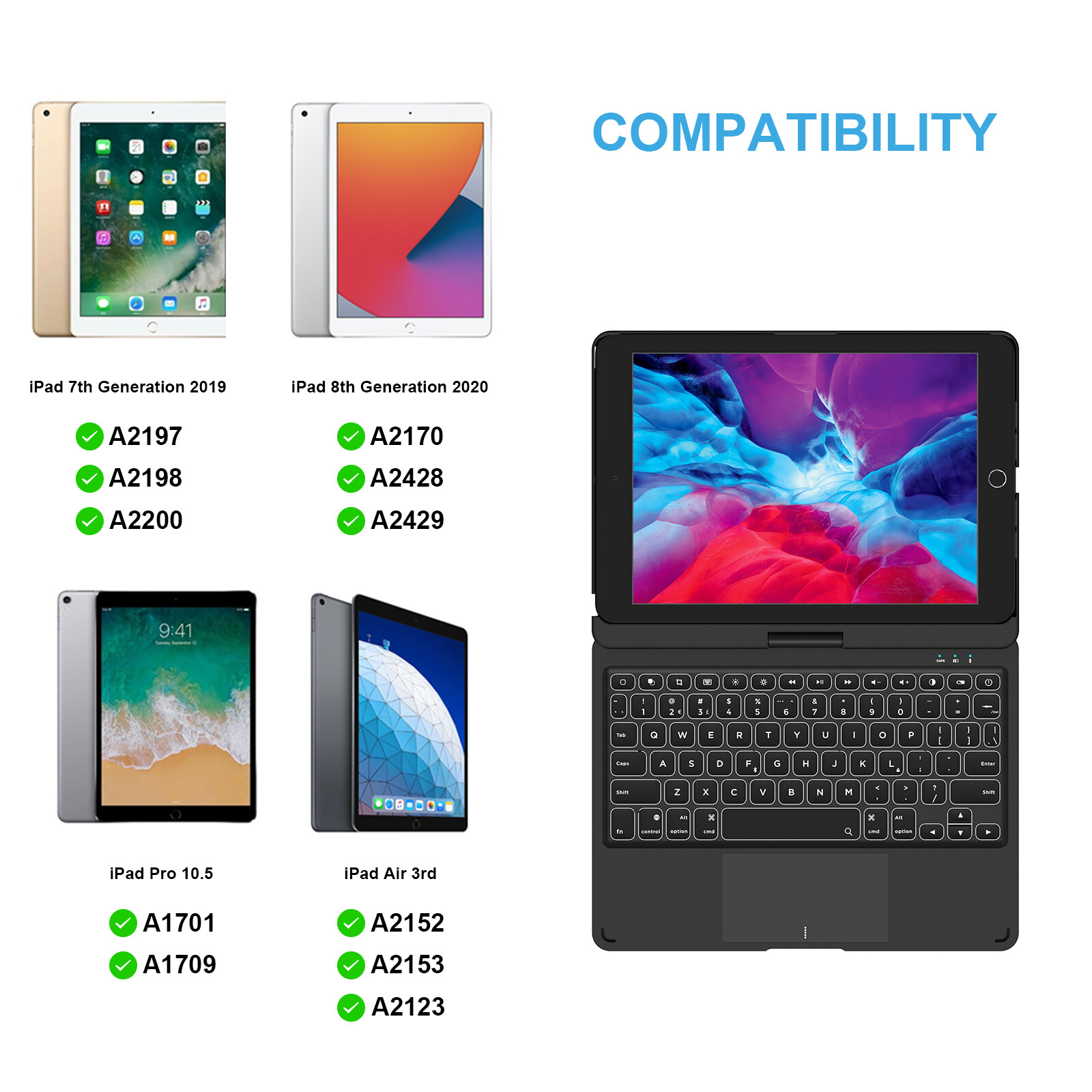 iPad Keyboard Case for iPad 10.2/10.5″ Touchpad 7 Color Backlight 360° Rotatable