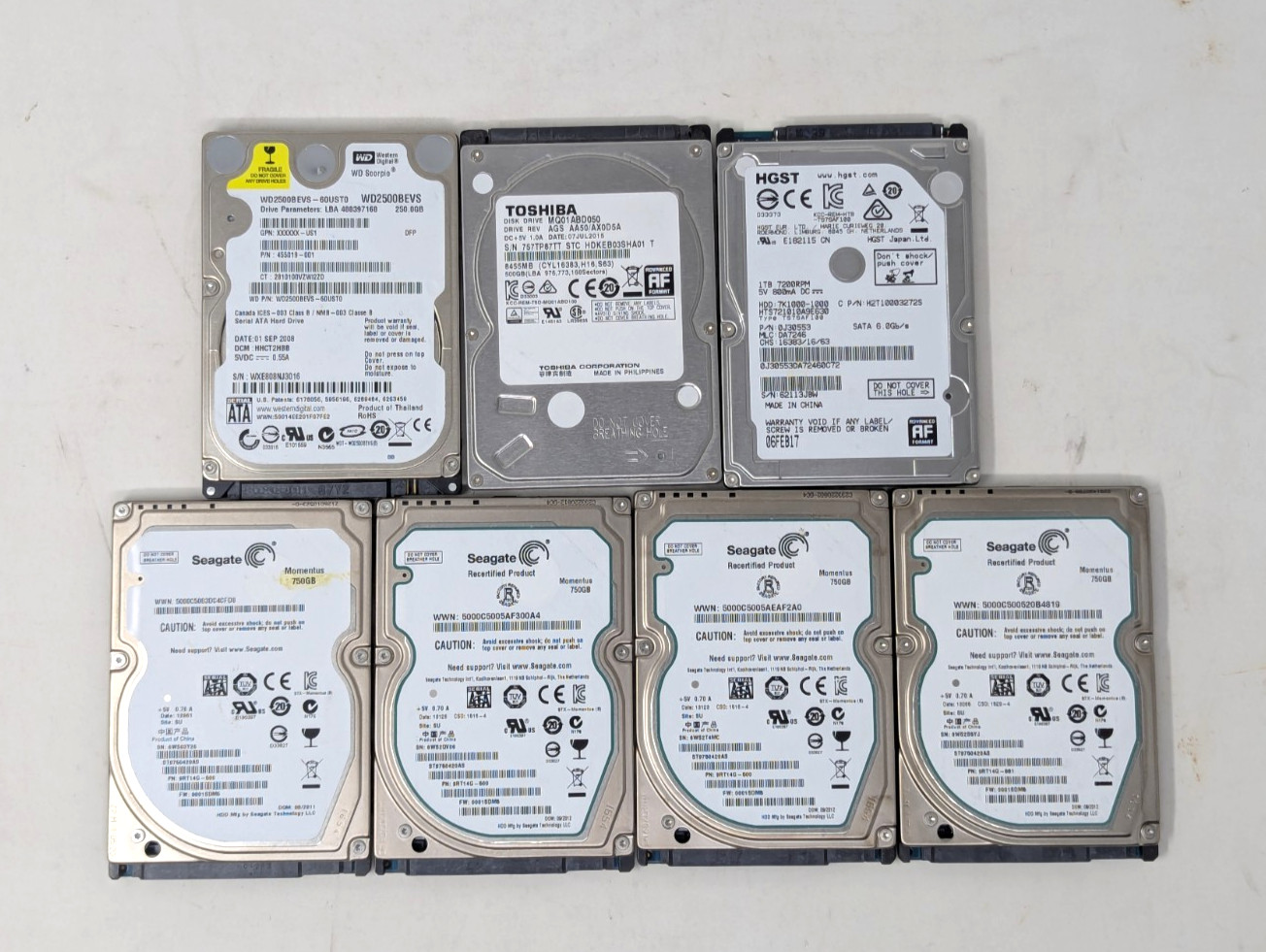 SATA Laptop 2.5 Hard Drive Lot Seagate 1TB 750GB 500GB ST9750420AS WD2500BEVS