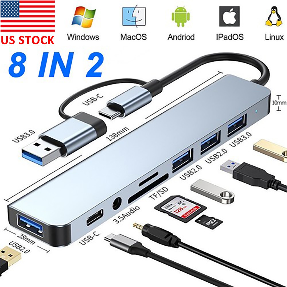 8 in 2 USB-C USB-3.0 to Multifunction Splitter Docking Hub for MacBook Laptop
