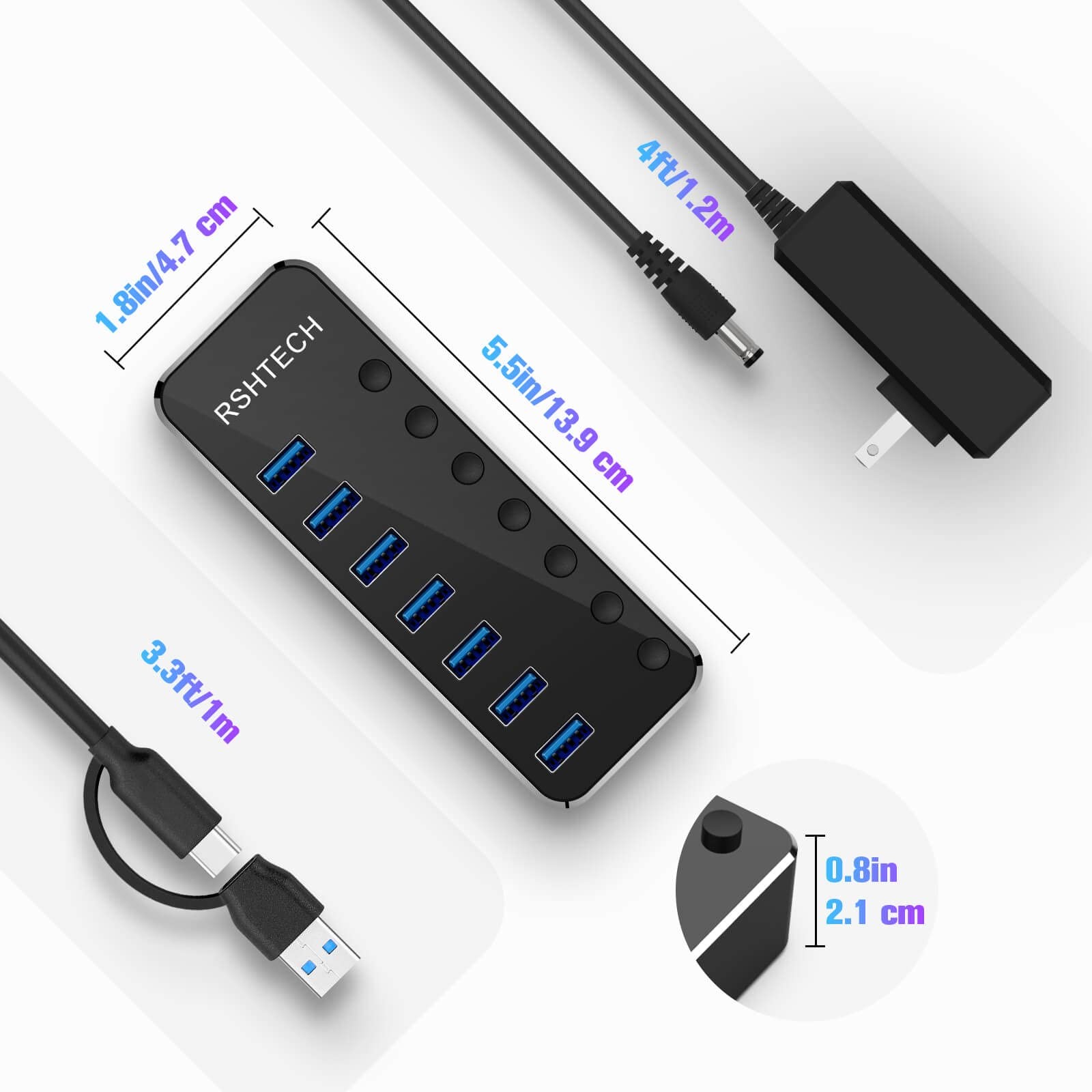Powered 7 Port USB 3.0/USB C Hub Aluminum Splitter 2In1 Cable 5V 3A Adapter
