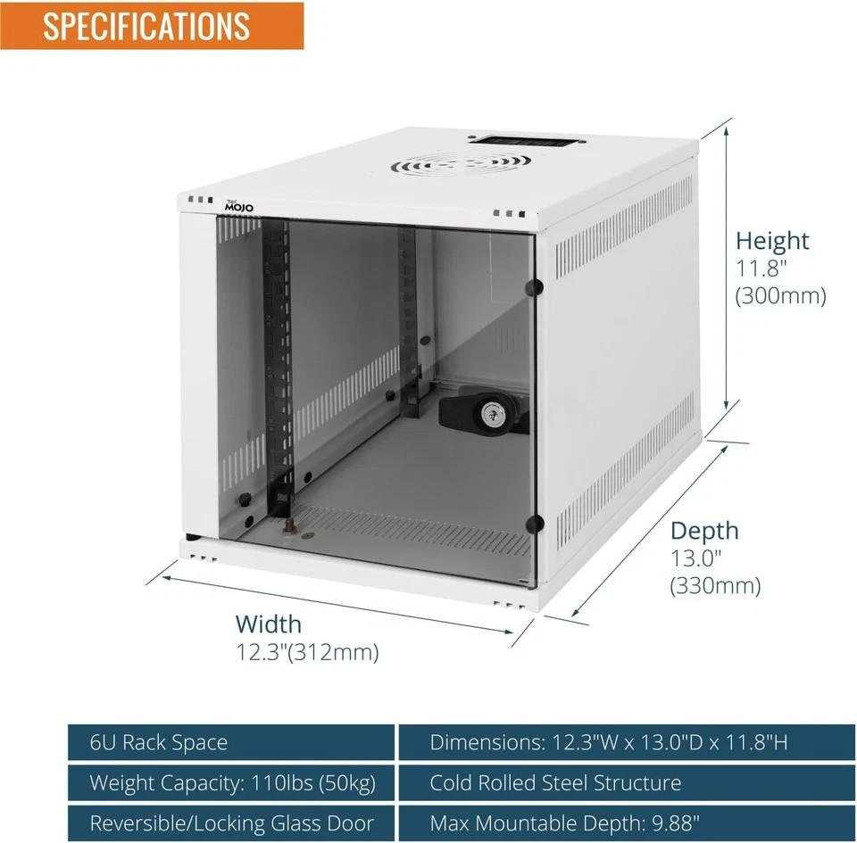 10″ Wall Mount 6U Network Cabinet – 110Lbs Capacity, White Server Rack Set
