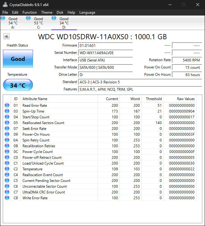 WD My Passport WD10SDRW-11A0XS0 1TB External HDD Low Hours (10D)