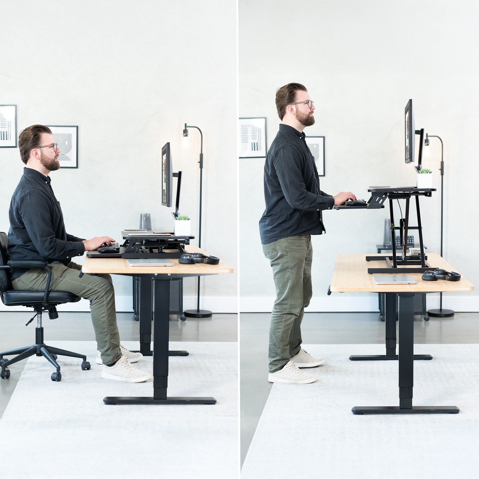 VIVO Black Height Adjustable 32″ Standing Desk Monitor Riser, Sit Stand Tabletop