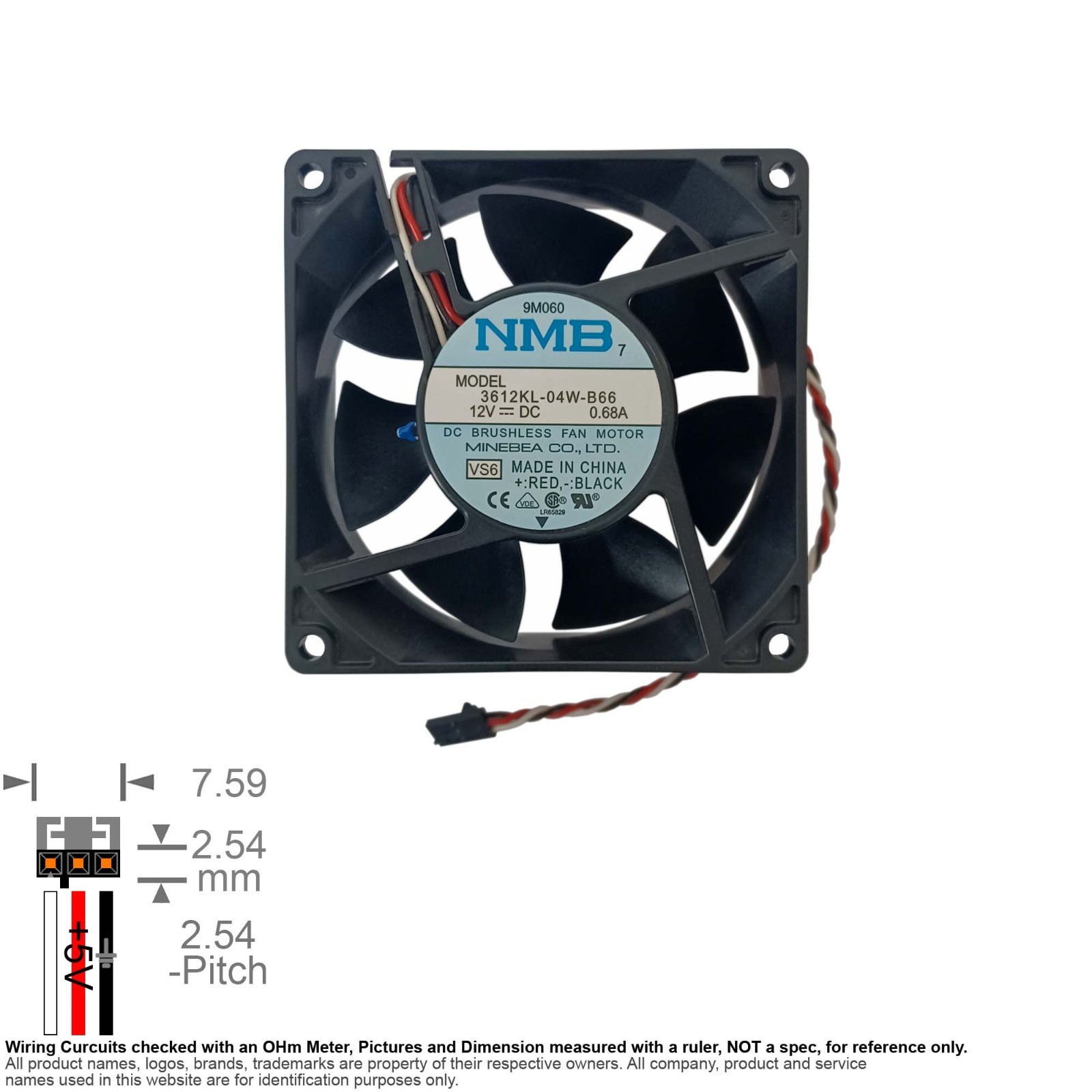 Fan Axial Muffin Cooling DC 12V 92mm 92x92x32 NMB 3612KL-04W-B66 9M060 0.68A