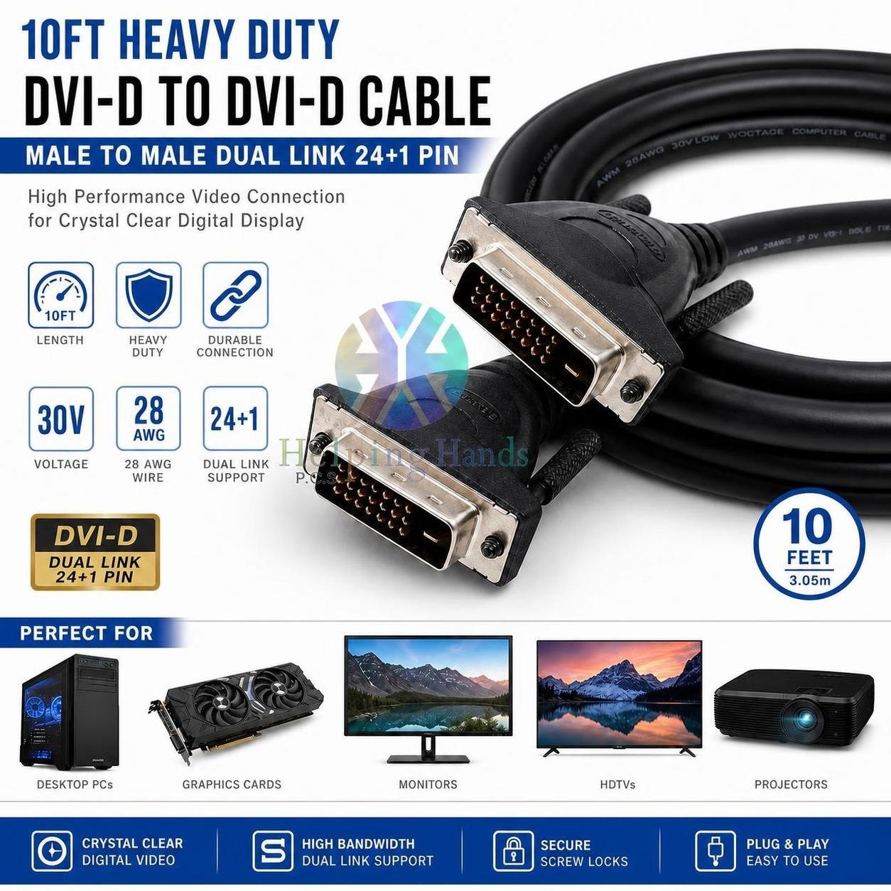 DVI-D to DVI-D Cable Male/Male Dual Link 24+1 Pin PC HDTV Monitor Display Cord