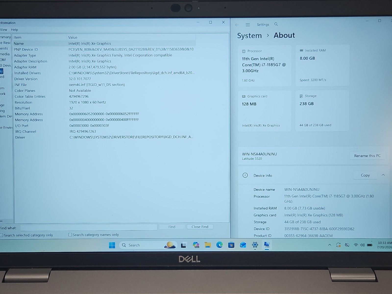 Dell Latitude 5520 15.6” FHD Core i7-1185G7 3.0GHz 8GB RAM 256GB SSD W11P *READ*