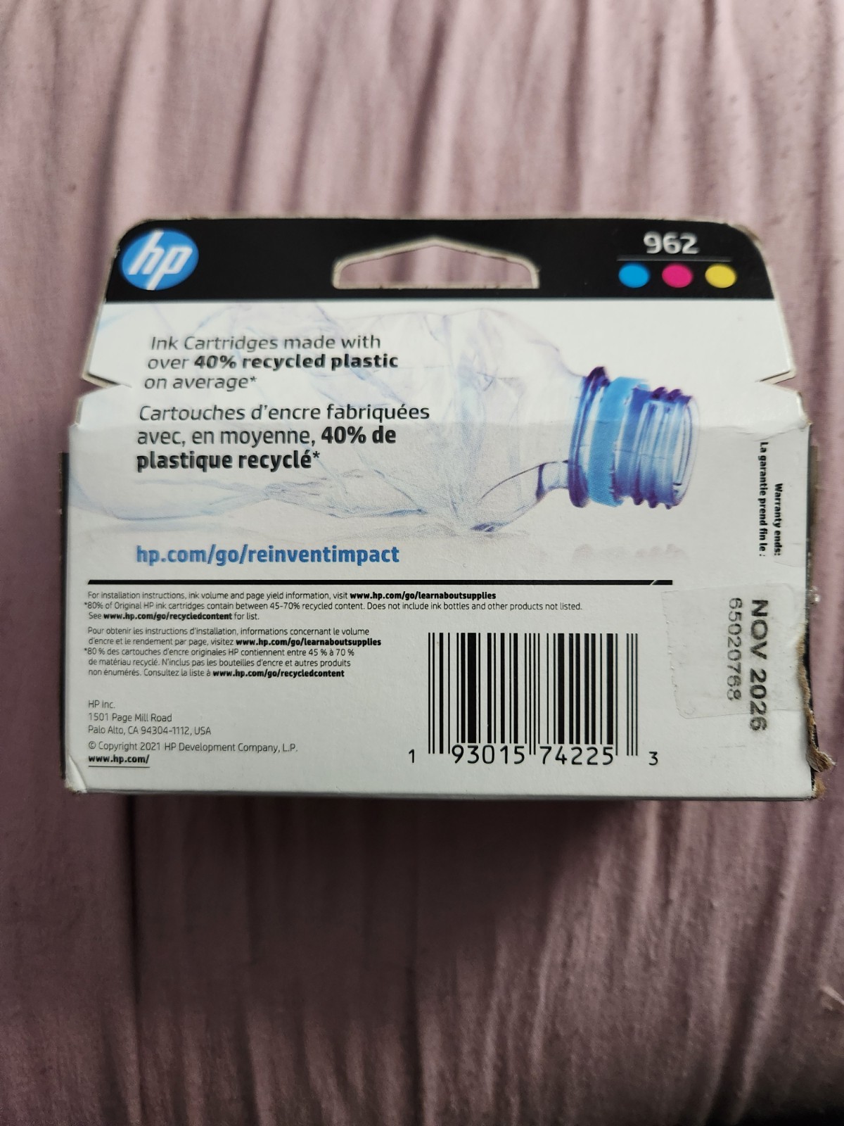 New HP 962 Tri-Color Ink Cartridge Expiration Date: Nov 2026 (Open Box)