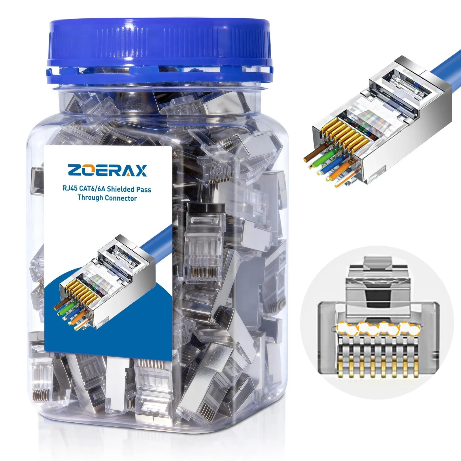100-Pack Cat 6A RJ45 Pass Through Connector, Cat 6 RJ45 Connector Wire OD 1.2…