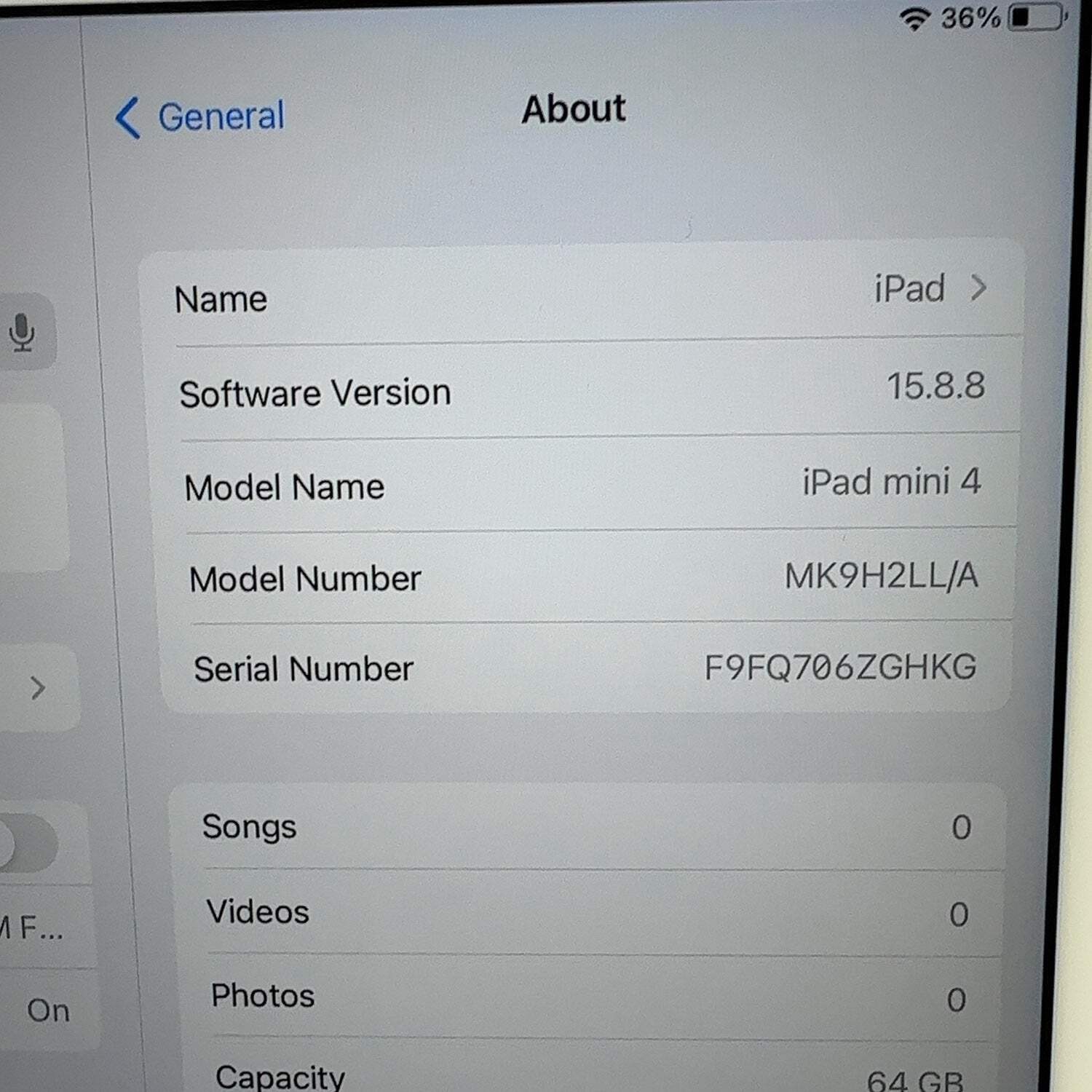 WiFi Only Apple iPad Mini 4th Gen 64GB 15.8.8 Silver MK9H2LL/A