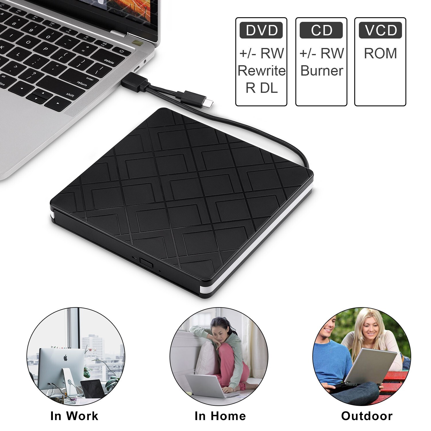 External CD DVD Drive CD-RW DVD-R Combo Burner USB 3.0 Type-C for Windows 11 10