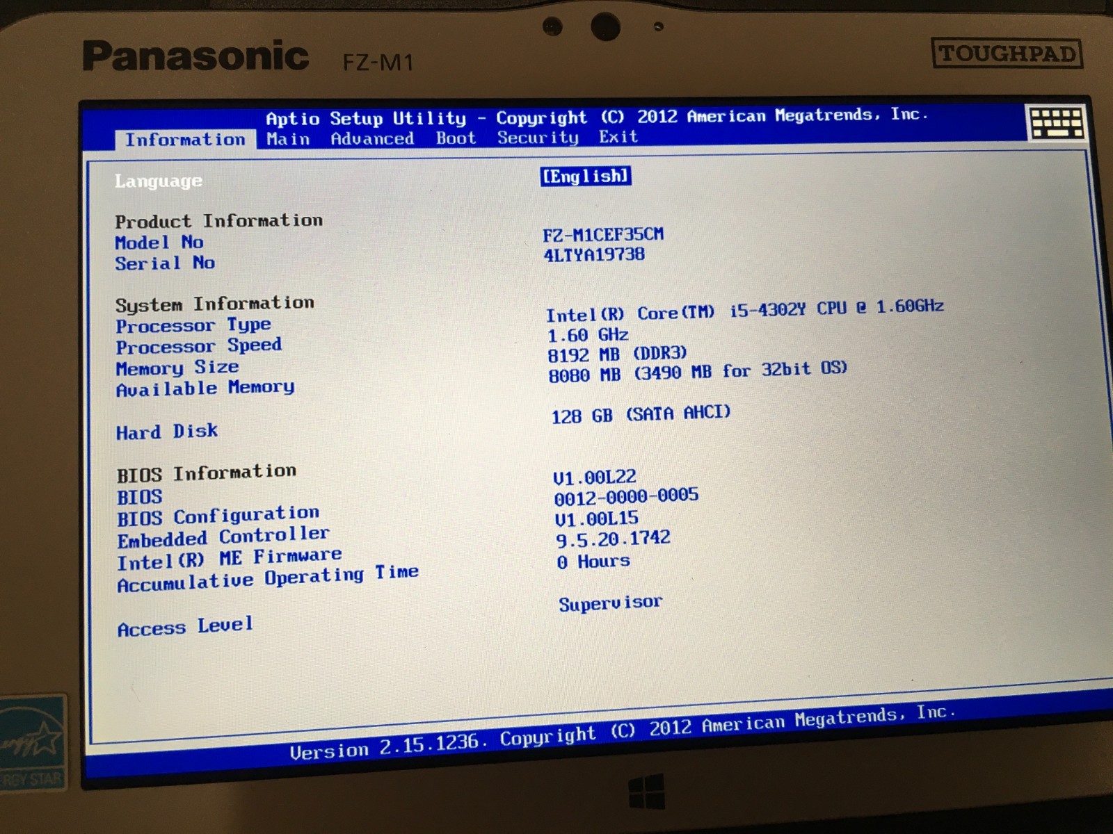 0 Hours Panasonic TOUGHPAD FZ-M1 7″ Core i5-4302Y 1.60GHz 128GB 8GB RAM Win 10