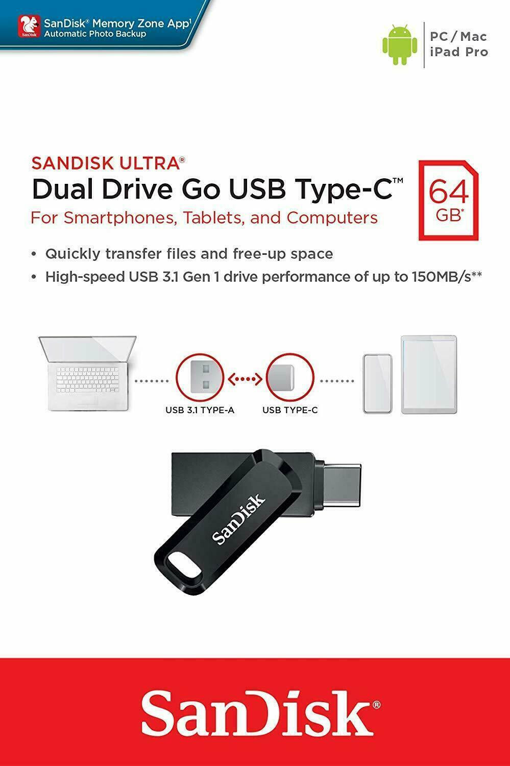 SanDisk Flash Drive Ultra Dual Go USB Type-A & Type-C 32GB 64GB Phone Tablet LOT