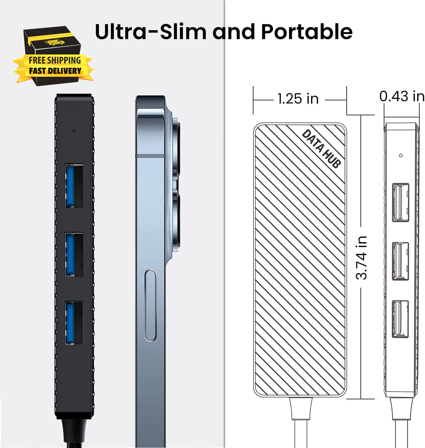 USB Hub 3.0 4-Port, Ultra Slim Data USB Splitter with 2Ft Extended Cable Compati