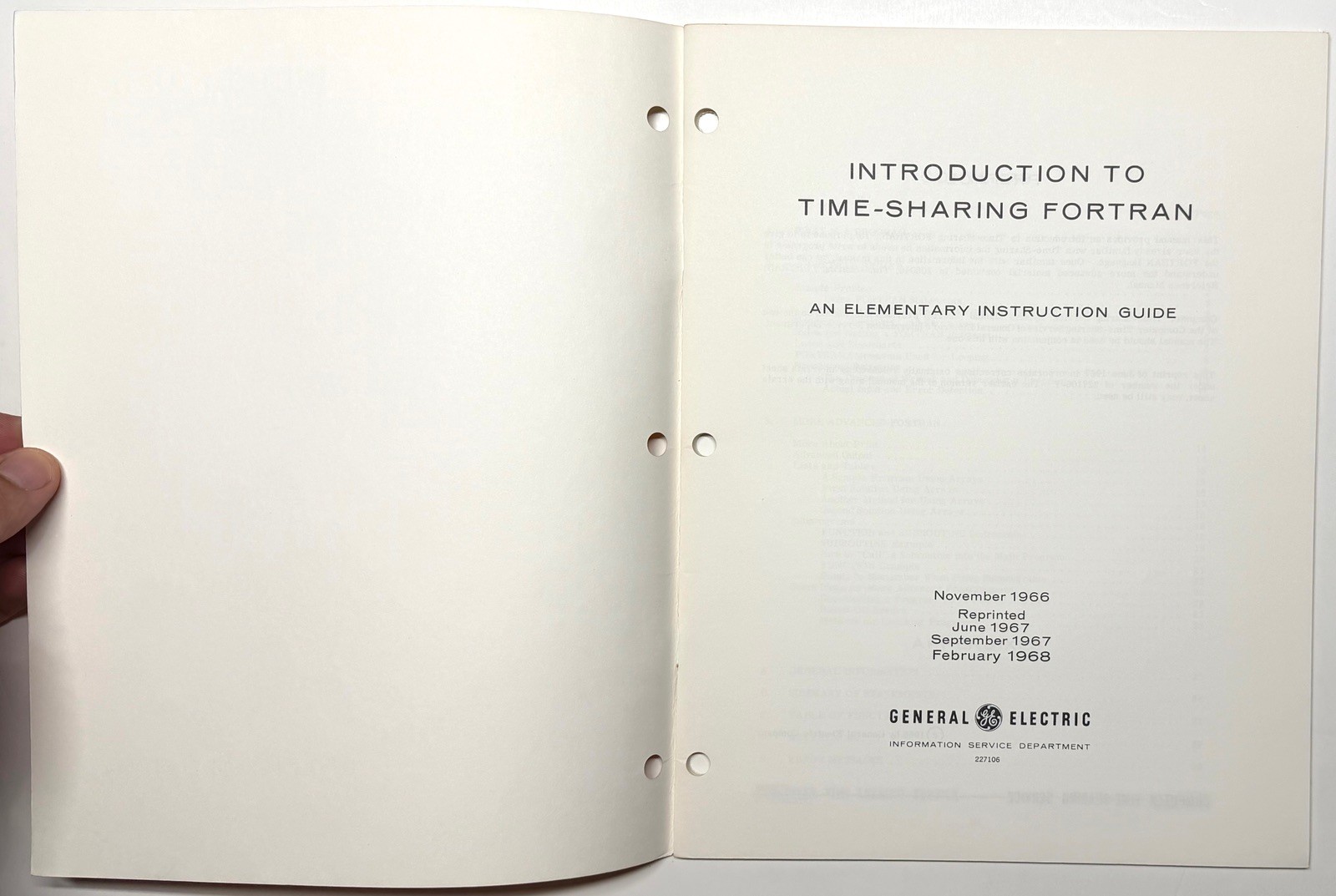 1968 GE GENERAL ELECTRIC TIME SHARING FORTRAN PROGRAMMING COMPUTER MANUAL 227106