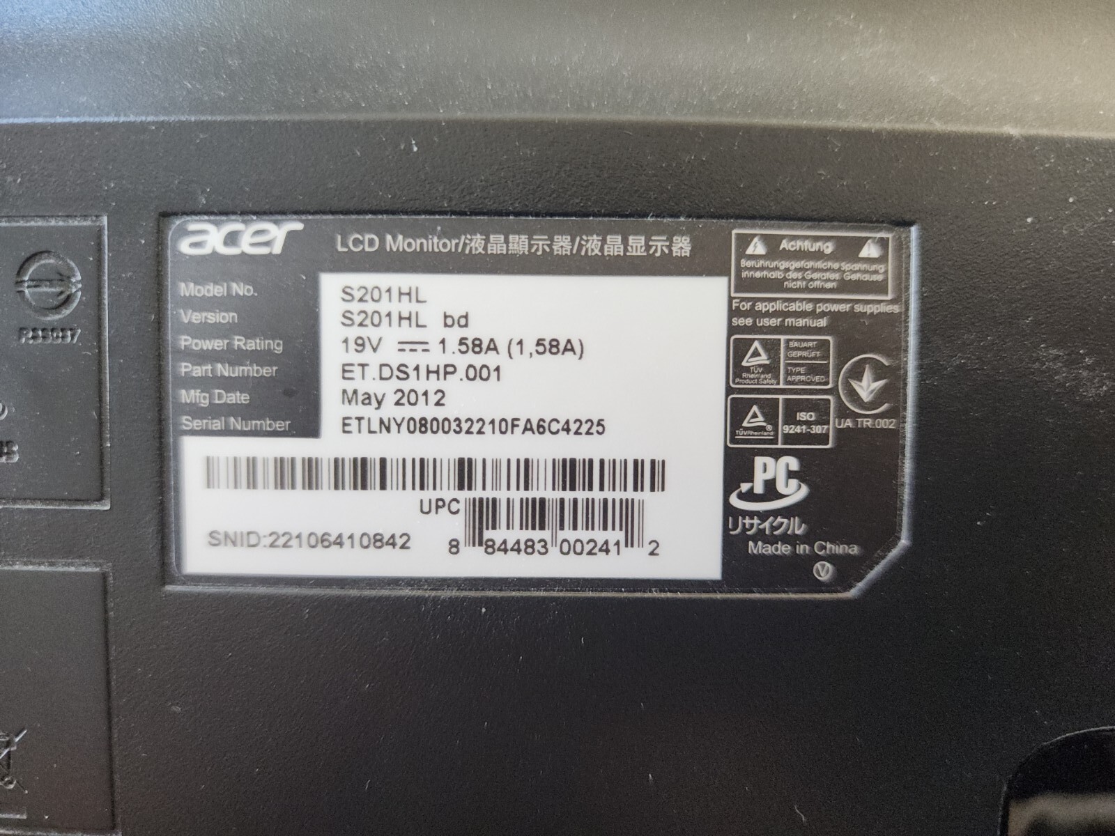Acer S201HL bd Black 20 Inch Widescreen Flat Panel LED Backlight LCD Monitor