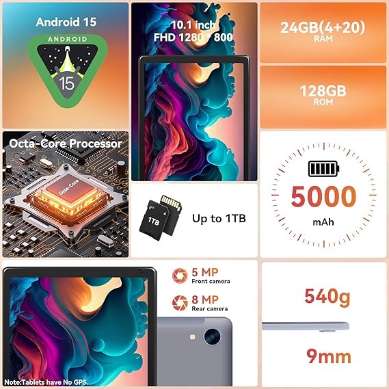10.1 inch Android 15 Tablets HD Touchscreen Octa-Core 24GB+128GB Dual Camera US