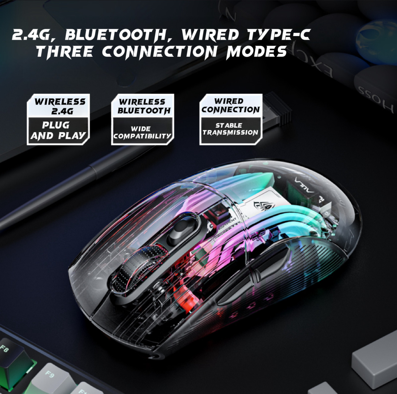 AULA SC630 Transparent Gaming Mouse – Tri-Mode Connectivity with Cool Backlight