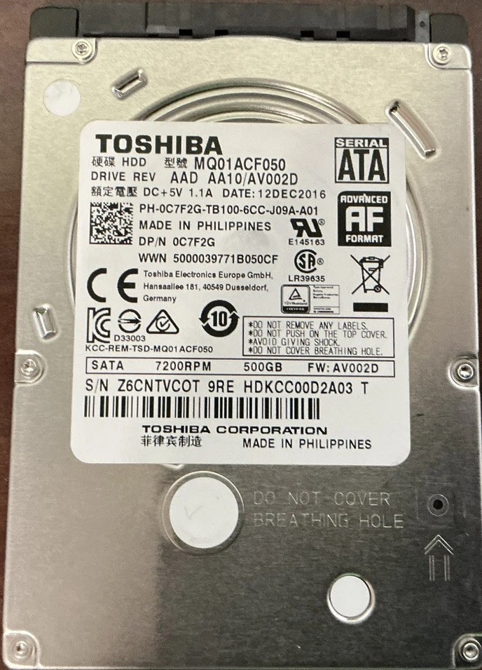 Toshiba 500GB, Internal, 7200 RPM, 2.5 in (MQ01ACF050) SATA Hard Drive