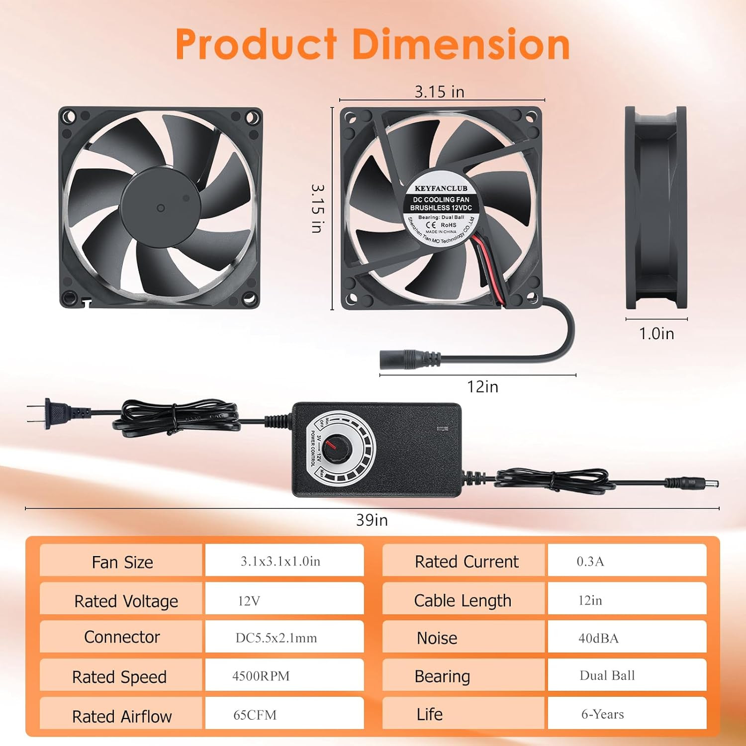 80Mm Small Computer Fan with AC Plug, 110V 120V 220V 240V Fan with Speed Control