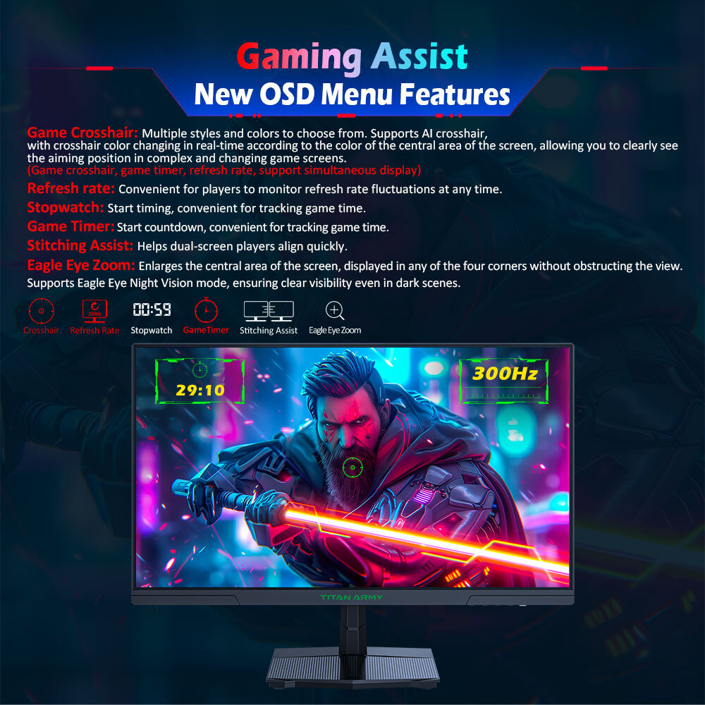 TITAN 24.5in Flat Gaming Monitor 16:9 FHD Gaming PC 300Hz 1920×1080 Monitors