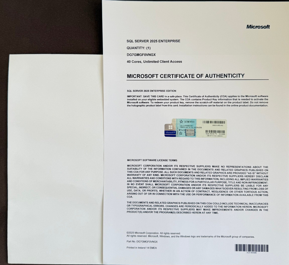 Microsoft SQL Server 2025 ENTERPRISE 40 Core Unlimited User CALs CoA GENUINE.