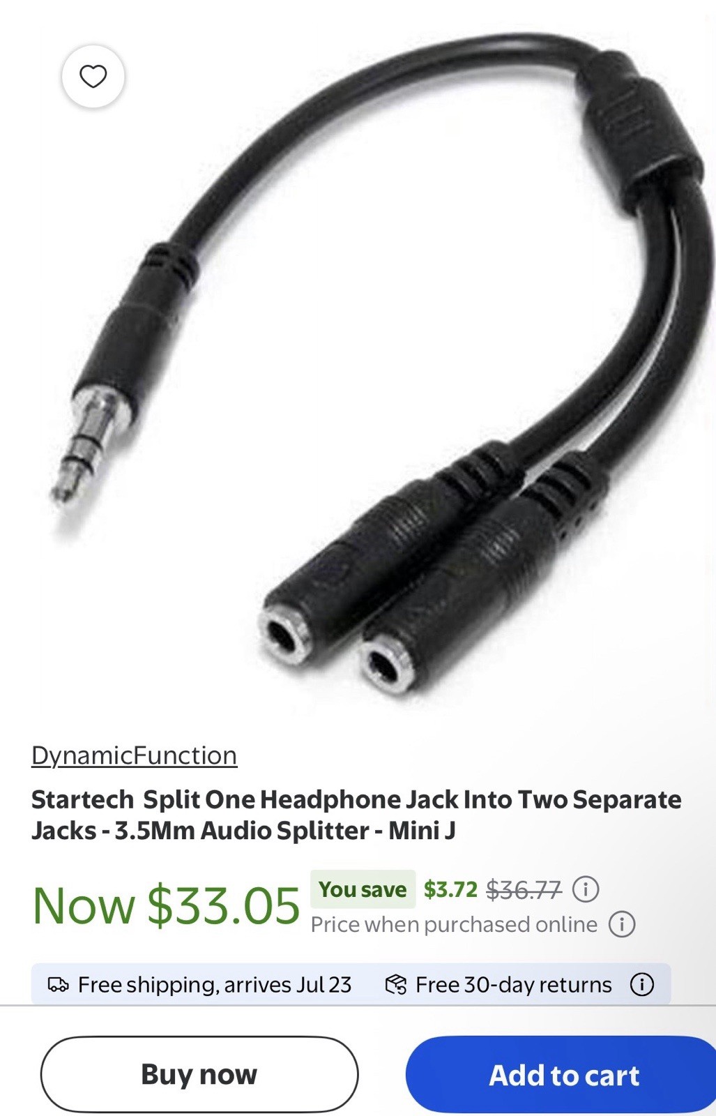 StarTech 3.5mm Audio Splitter Cable 1 Male to 2 Female 5in Black Two-Way